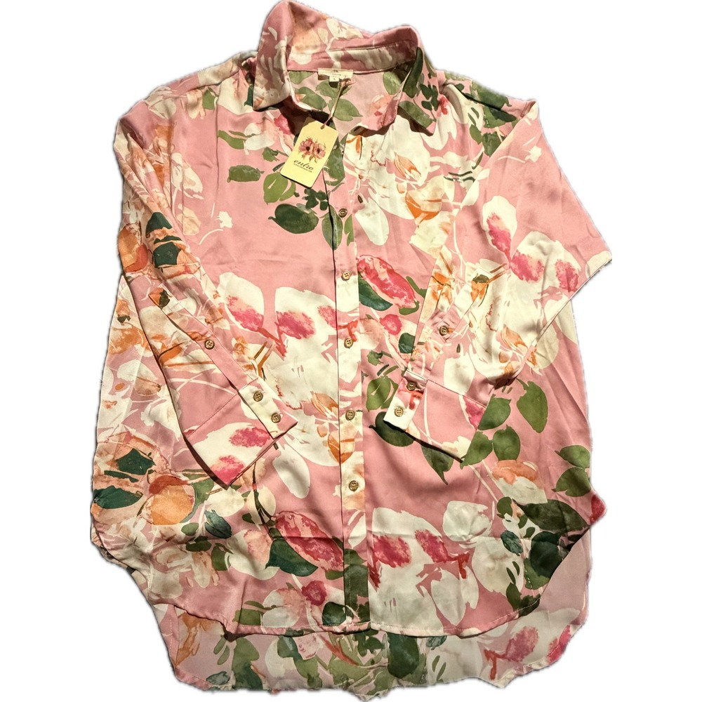 Entro Pink Floral Button Down Shirt Long Sleeve High Low Hem T19693 Womens Large